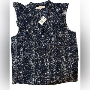 NWT - LOFT Navy Blue and White Star Sleeveless Blouse with Ruffle Detail - Small